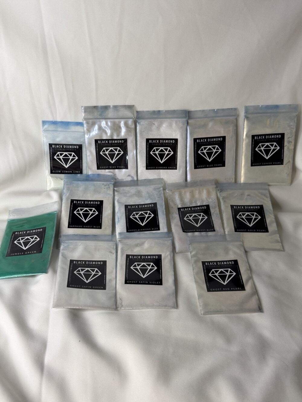 Lot Of 12 Black Diamond Ghost, Glow In The Dark, And Green Mica Powder Pigments